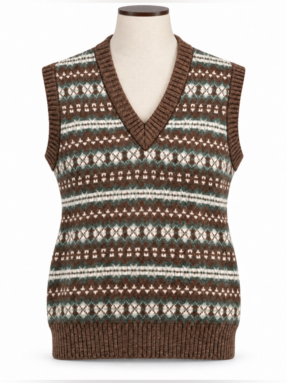 Made in Italy Fair Isle Wool Blend Sweater Vest Brown Green Med Unisex